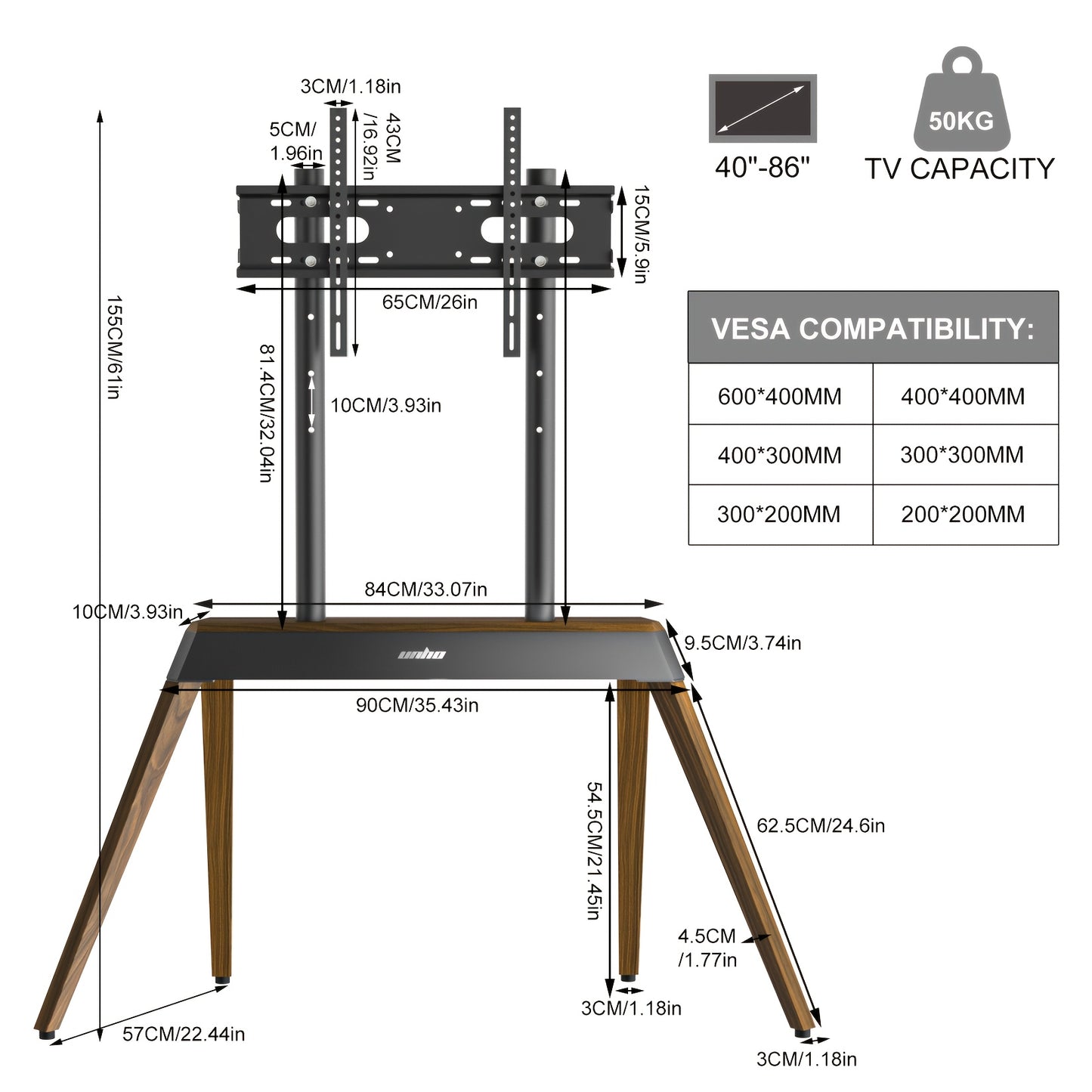 TV-standaard – Tv-meubel – Tv-houder – Vrijstaande Tv-poot – Houten Tv-standaard Bruin – Hoogte Verstelbaar – Geschikt Voor 40-86 Inch Televisies