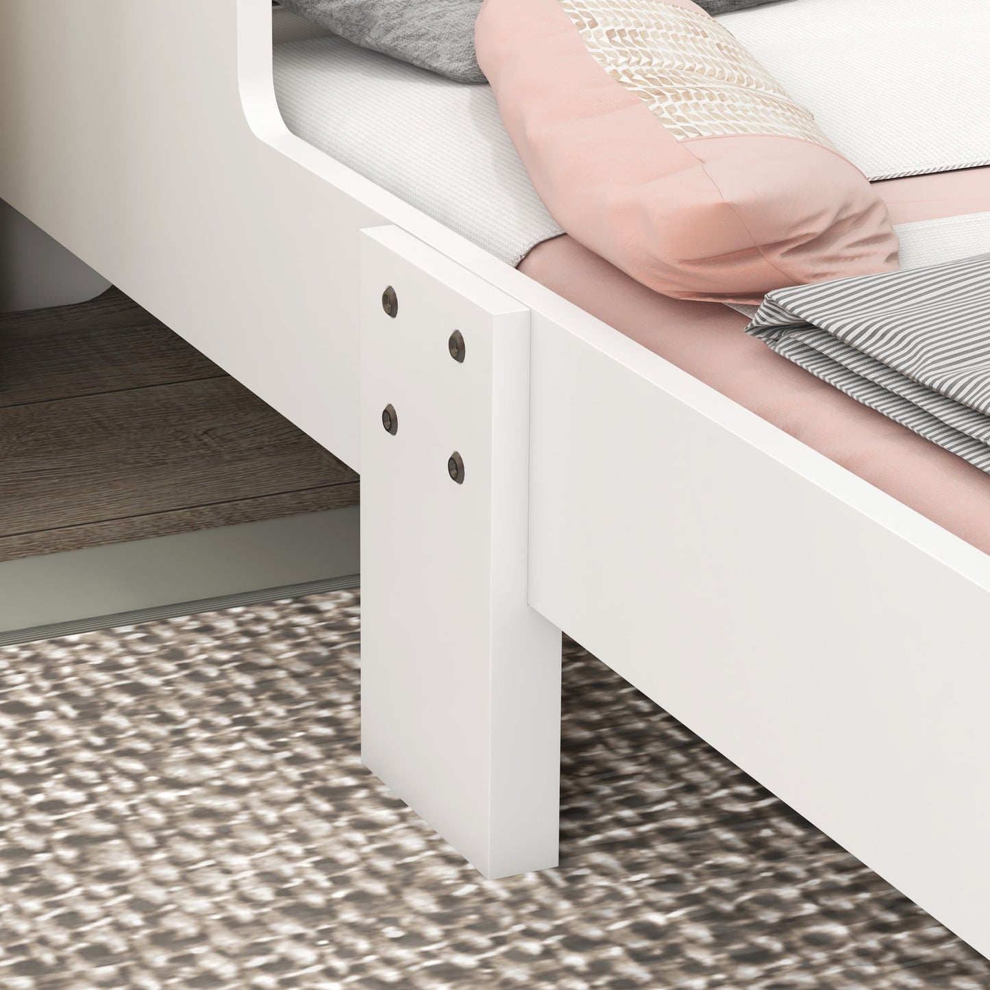 Kinderbed – Peuterbed – Jongensbed – Meisjesbed – Eenhoornbed – Laag Instapbed – MDF Constructie – 143x74x67 cm – Inclusief Lattenbodem – Veilig Zijhekje – Wit Met Eenhoornprint