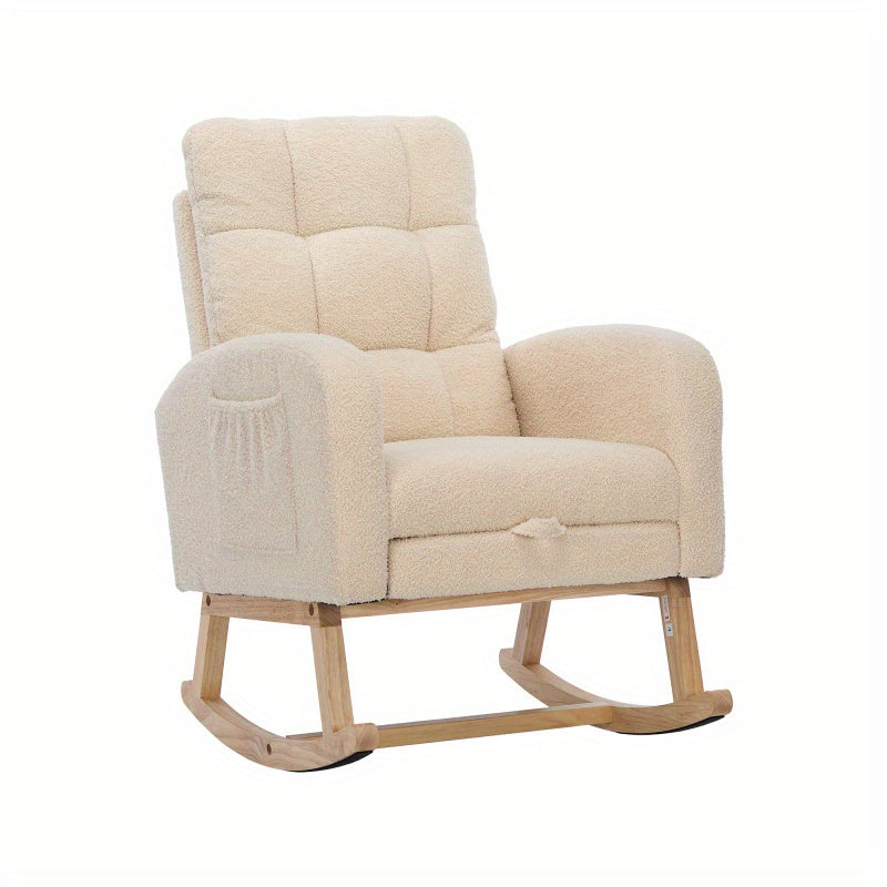 Schommelstoel – Relaxstoel – Fauteuil – Voedingsstoel – Loungestoel – Teddy Stof Bekleding – Stevig Houten Frame – 132x50x99 cm – Beige