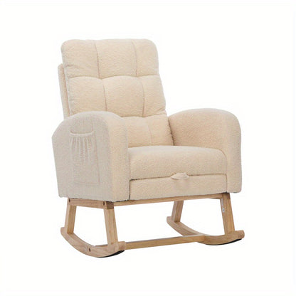 Schommelstoel – Relaxstoel – Fauteuil – Voedingsstoel – Loungestoel – Teddy Stof Bekleding – Stevig Houten Frame – 132x50x99 cm – Beige