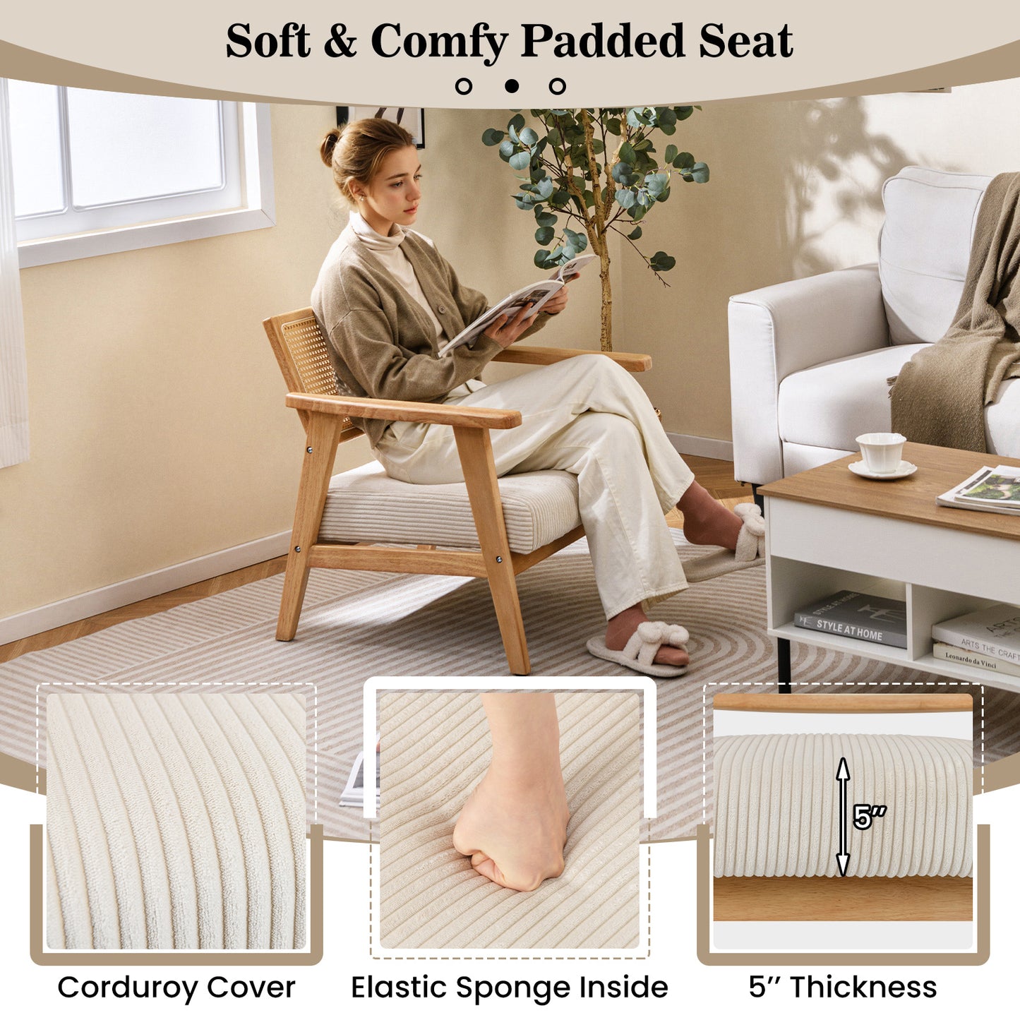 Corduroy Accent Chair – Fauteuil – Lounge Chair – Armstoel – Binnenstoel – Padded Rubber Wood Frame – PE Rattan Rugleuning – Naturel Wit