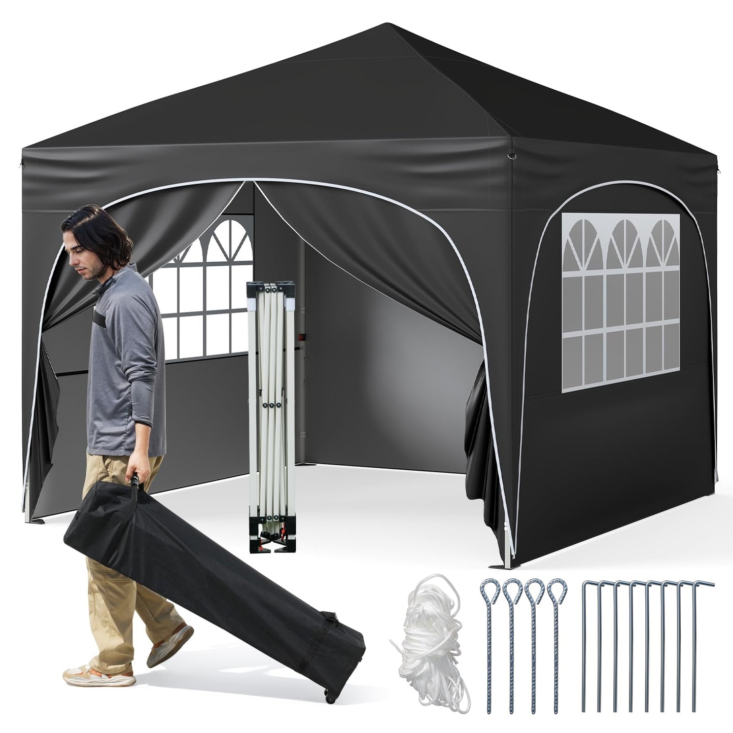 3 x 3 m Vouwpaviljoen – Tuinkamer – Partytent – Overkapping – Paviljoen – 4 Afneembare Zijwanden – UV 50+ Bescherming – Inclusief Zakken, Haringen en Opbergtas (Zwart)