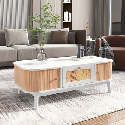 Salontafel – Koffietafel – Tafelblad – Woonkamertafel – Houten Tafel – Massief Hout Met Rattan – Schuifdeuren En Lades – 110x55x38,5 cm – Wit Met Houtkleur