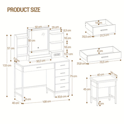 Make-up Tafel – Toilettafel – Kaptafel – Beauty Tafel – Visagie Tafel – Wit – Verstelbare Touchscreen LED Verlichting – 5 Lades Met USB- en Stopcontacten
