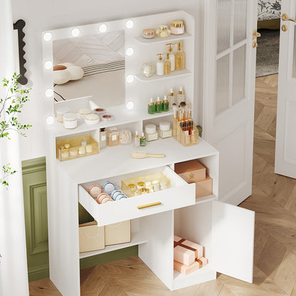Kaptafel – Make-uptafel – Opmaaktafel – Visagietafel – Schoonheidstafel – Met Spiegel & 10 LED Lampen – 3 Planken & 4 Vakken – Wit – MDF – Compact & Inclusief Kruk