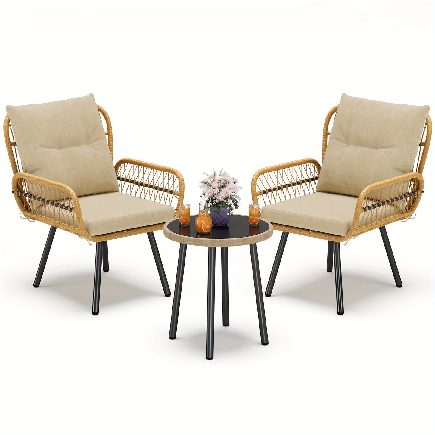 3-delige tuinset – tuinmeubelset – loungeset – bistroset – balkonset – weerbestendig rattan & metaal – afneembare kussens & krasbestendig tafelblad
