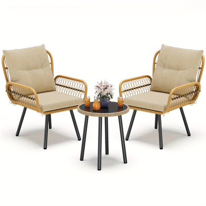 3-delige tuinset – tuinmeubelset – loungeset – bistroset – balkonset – weerbestendig rattan & metaal – afneembare kussens & krasbestendig tafelblad