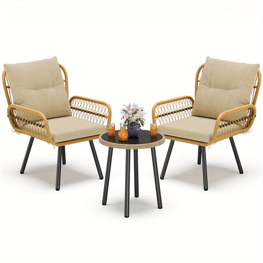 3-delige tuinset – tuinmeubelset – loungeset – bistroset – balkonset – weerbestendig rattan & metaal – afneembare kussens & krasbestendig tafelblad