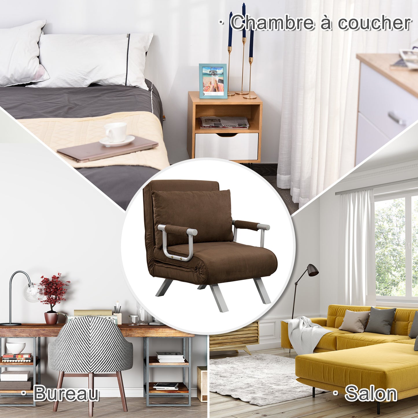 Slaapbank – Slaapfauteuil – Logeerbed – Bedbank – Zitbank – Verstelbare Rugleuning – Suède Bekleding Met Metalen Armleuningen – Bruin – 1-Persoons