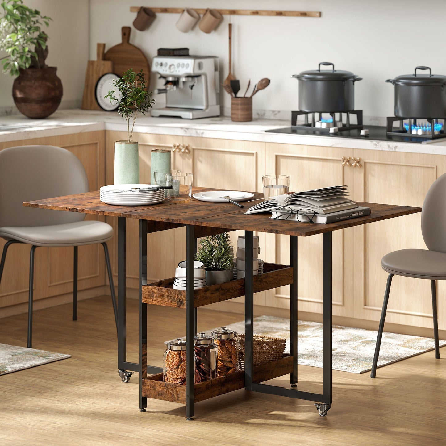 Industriële Uitschuifbare Eetkamertafel – Uitschuiftafel – Vouwtafel – Eettafel 4 Personen – Klaptafel – Metalen Onderstel – Open Opbergruimtes – Compact Bruin