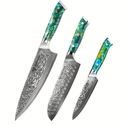Koksmes – Keukenmes – Santokumes – Broodmes – Universeelmes – VG10 Damascus Staal – Resin Handvat – 3-delige Set – Groen