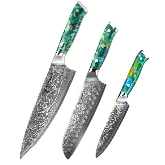 Koksmes – Keukenmes – Santokumes – Broodmes – Universeelmes – VG10 Damascus Staal – Resin Handvat – 3-delige Set – Groen