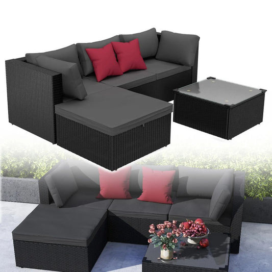 Tuinmeubelset – Balkonmeubels – Loungeset – Rotan Meubels – Buitenmeubels – 5-delig PVC Rattan – Met Kussens En Glazen Tafel – Zwart
