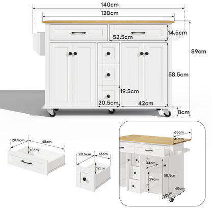 Multifunctional Kitchen Trolley with Foldable Worktop Extending to 120×65 cm | Features Five Drawers, Cupboards, Spice Rack, Towel Rail, Enclosed Storage, Metal Construction, Castors, Suitable for Kitchen Island in Kitchens,