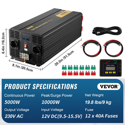 Omvormer – Stroomomvormer – Spanningsomvormer – Inverter – Converter – 5000W Zuivere Sinus – Aluminium Behuizing