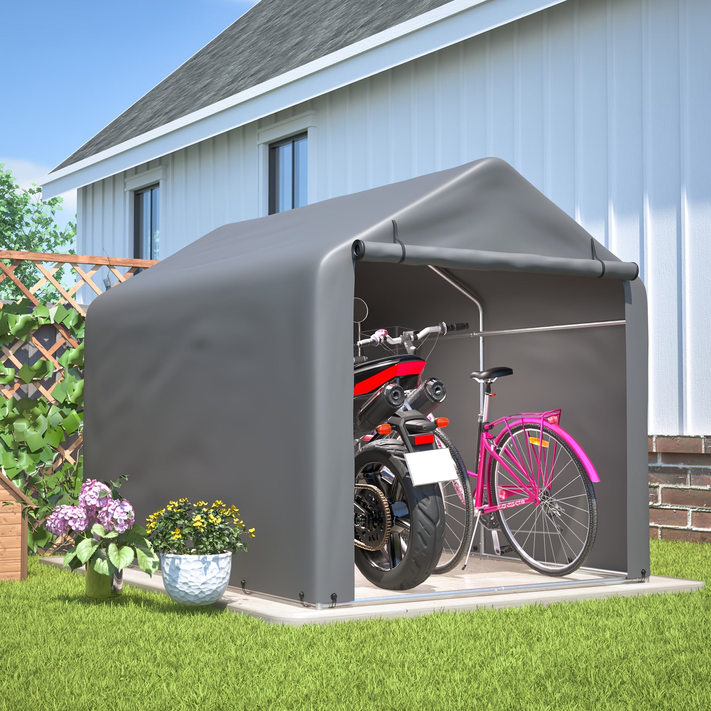 Fietsenberging – Fietsenhok – Tuinschuur – Opberghok – Grijs – 160x220x165 cm – Roldeur – Lichtgewicht & Weerbestendig