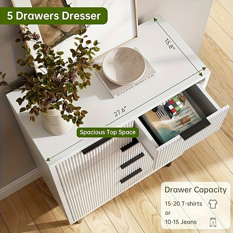 Wave Fluted 5-Drawer Dresser - Modern Wood Chest of Drawers with Wide Drawers, Anti-Tipping Device & Metal Legs, White & Black, 68.58cm Height, 3, 2 Cu Ft Storage, Perfect for Bedroom, Hallway, Entryway, Dresser for Bedroom,