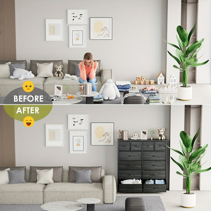 Sideboard – Dressoir – Ladekast – Commode – Opbergkast – Zwart – 12 Stoffen Laden – Stevig Hout en Metaal