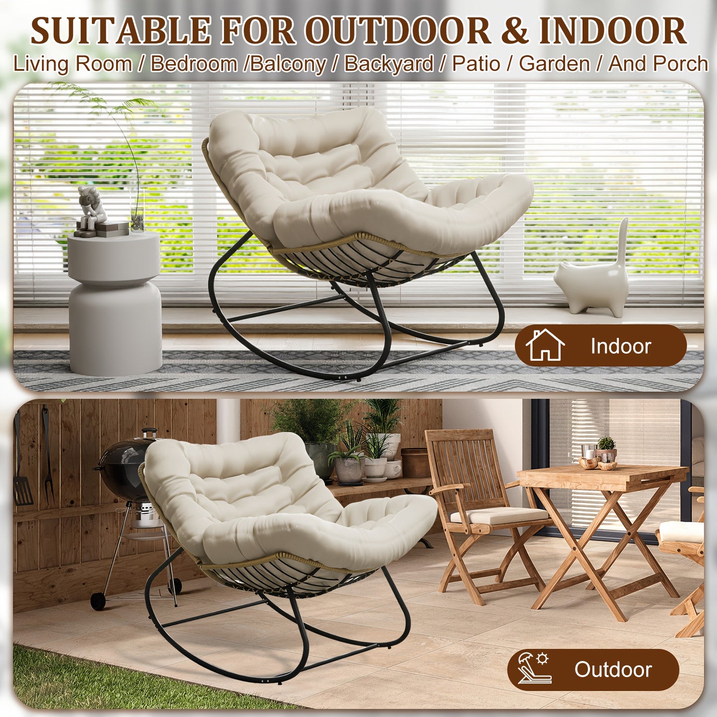 Schommelstoel – Schommelstoel Tuin – Relaxstoel – Fauteuil – Loungestoel – Oversized Wicker Ei-Vorm – Met Memory Foam Kussen – Weerbestendig PE-Rattan Metalen Frame – Beige