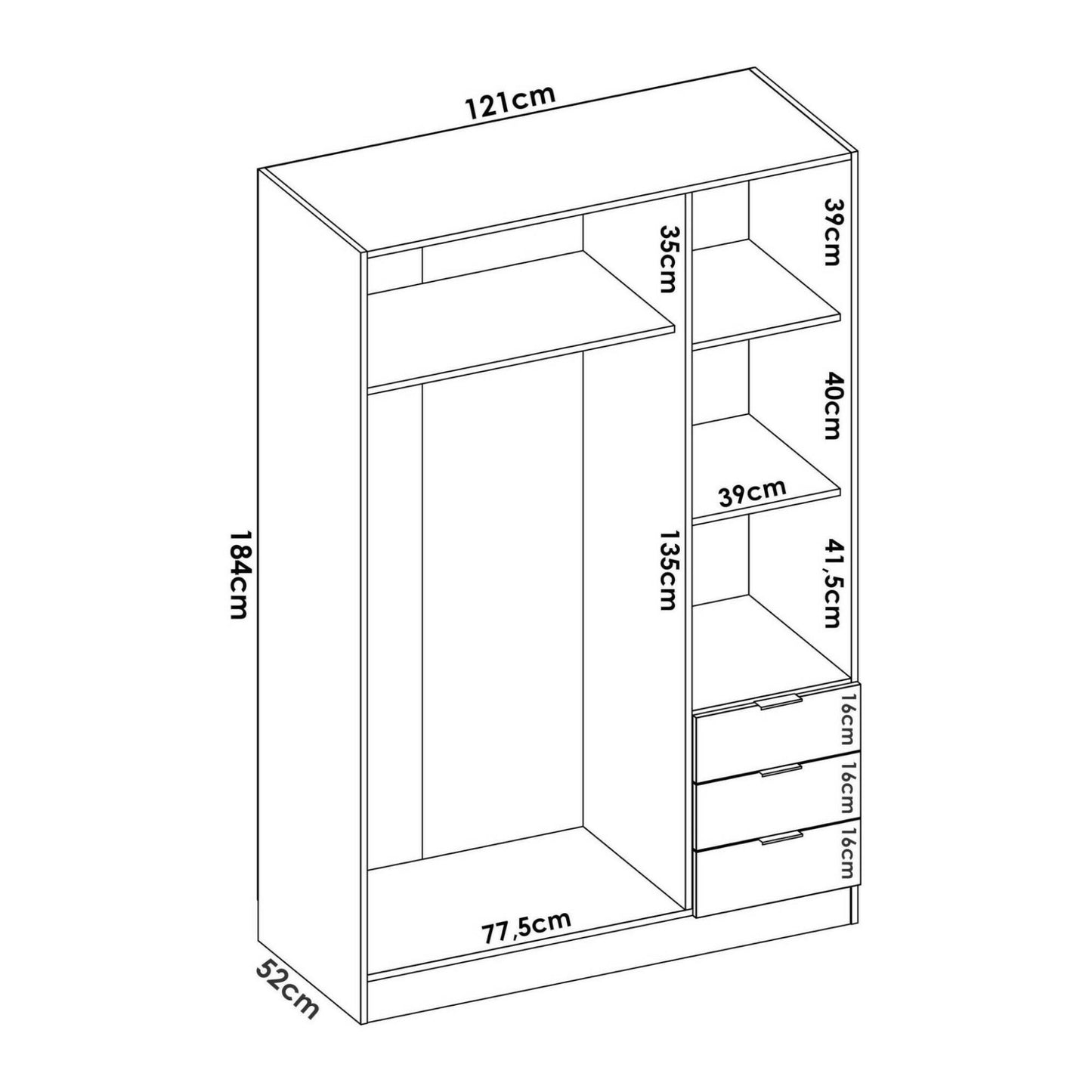 Wardrobe 3 Doors in Front of Astru, Mobile Hangers for Bedroom, 3-Drawer Wardrobe, 121X52H184 Cm, Available in 3 Colors