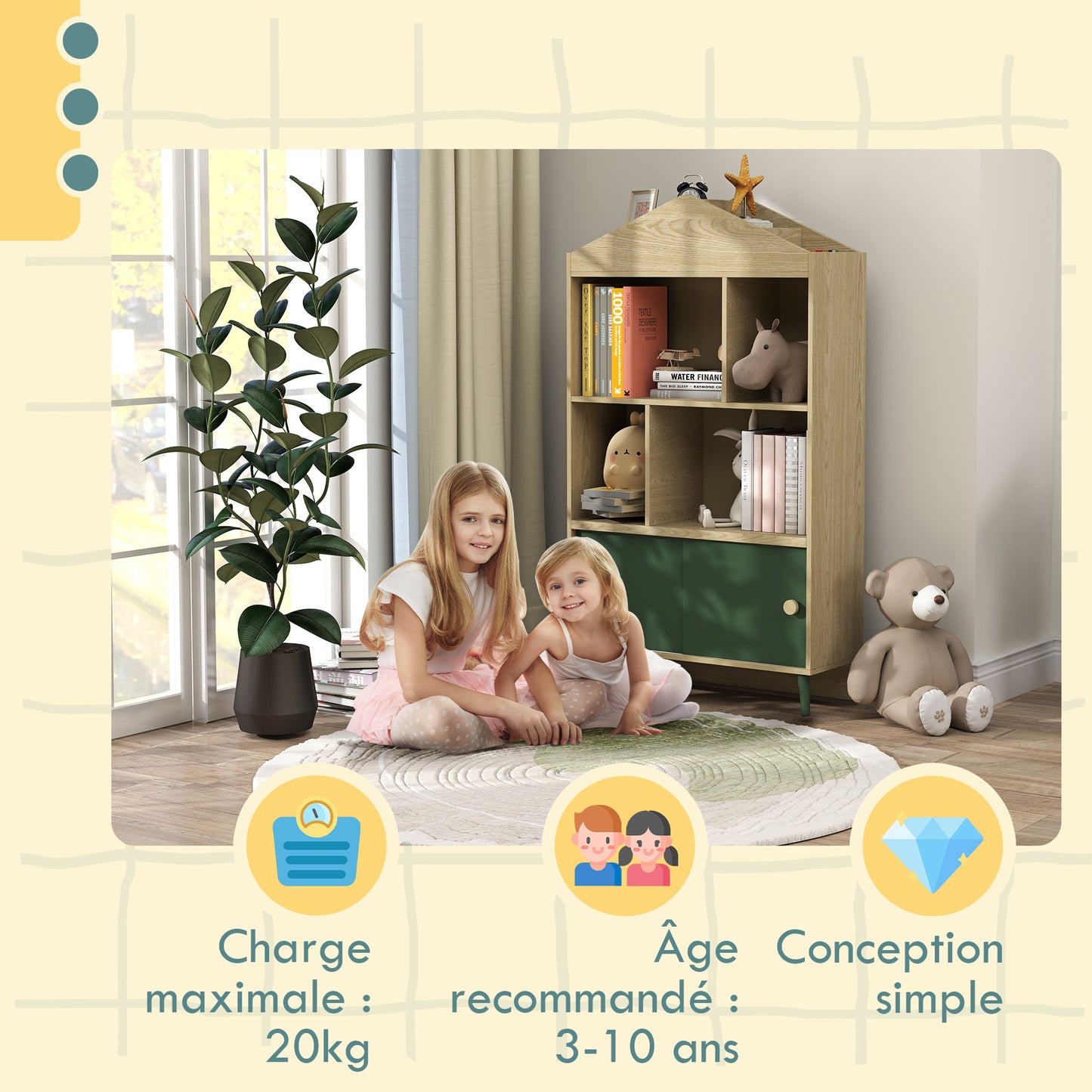 AIYAPLAY 'S Library Bookshelf 'S Storage Shelf 'S Room Toy Storage Furniture with 4 Niches, Cabinet for Playroom, 'S Room, Living Room - 80 X 30 X 140, 5 Cm Green