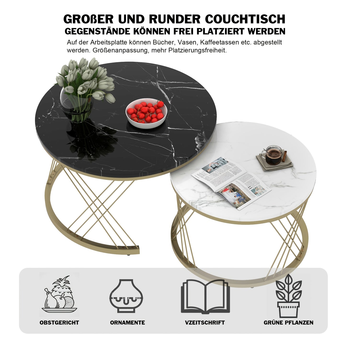 Salontafel – Bijzettafel – Koffietafel – Woonkamertafel – Nesting Set – Rond Marmerfineer – Gouden Metalen Frame – Ruimtebesparend Design – Eenvoudige Montage