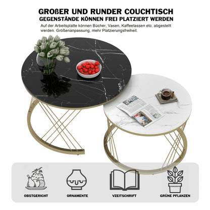 Salontafel – Bijzettafel – Koffietafel – Woonkamertafel – Nesting Set – Rond Marmerfineer – Gouden Metalen Frame – Ruimtebesparend Design – Eenvoudige Montage