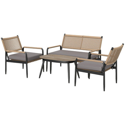 Poly Rattan Loungeset – Tuinmeubelset – Loungehoek – Buitenmeubel – Terrasmeubilair – Weerbestendig & UV-bestendig – Compleet 4-persoons Donkergrijs met Gele Accenten