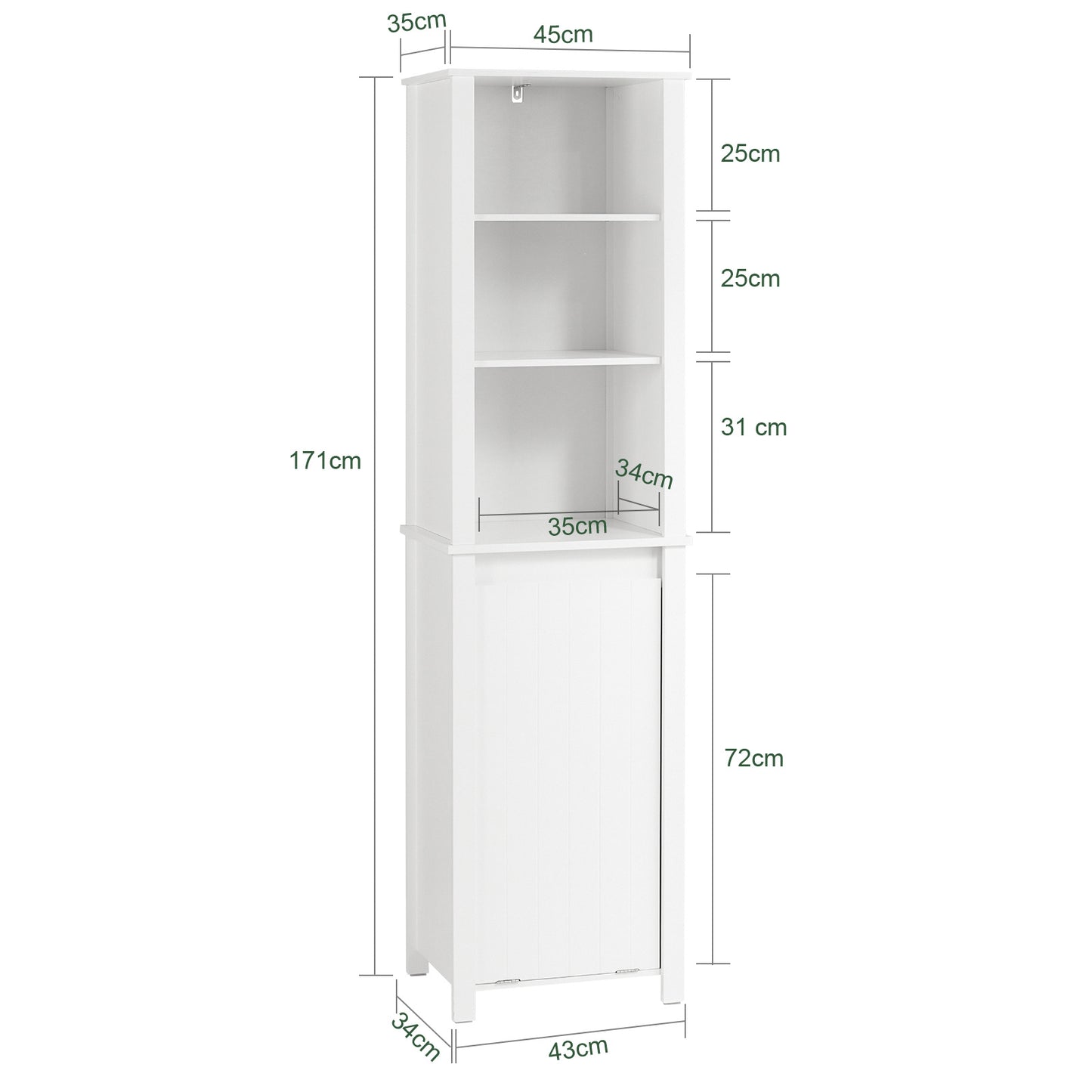 Hoge Badmeubel – Badkamerkast – Opbergkast – Wasmand Kast – Smalle Badmeubel – 3 Open Vakken – Uitneembare Wasmand – MDF Hout – Anti-Kantel Beveiliging