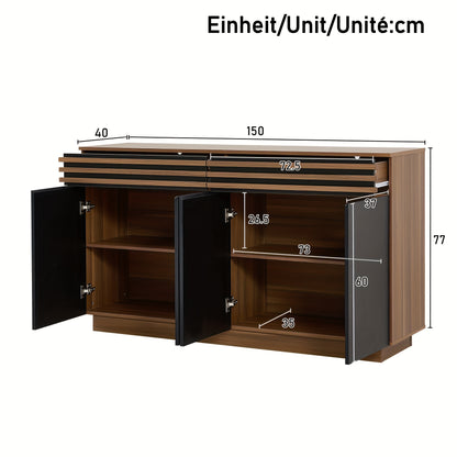Contemporary Sideboard 150 X 40 X 85cm In Brown Wood Look with Black Doors, 2 Drawers And 4 Cupboard Doors, Spacious Storage And Stylish Design for Living Room, Dining Room And Kitchen., Dining Room Cabinet, Spacesaving Furni