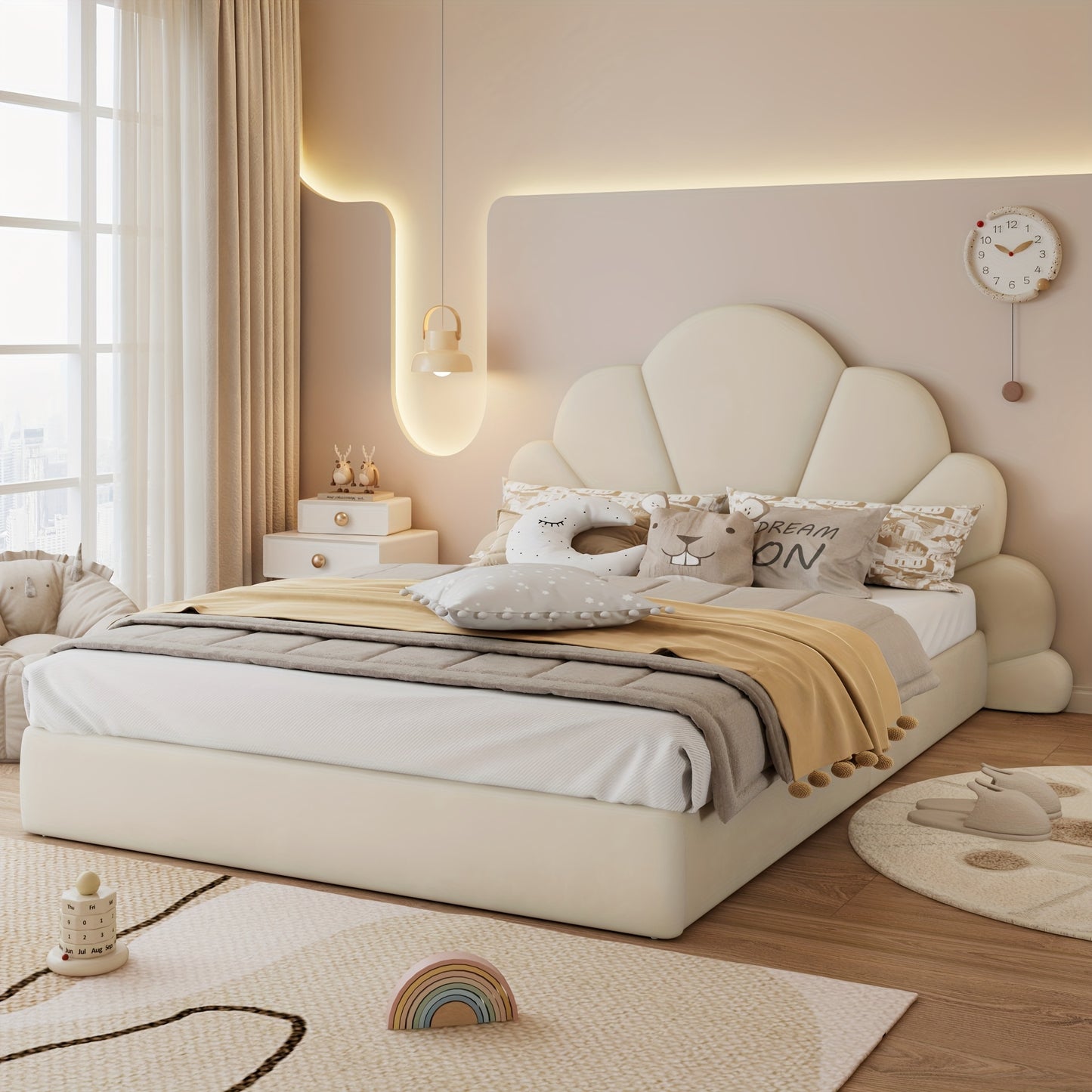 Tweepersoonsbed – Bed – Slaapbed – Logeerbed – Bedframe – Beige Bamboe Frame – Bloemblad Hoofdbord – Compact 140x200 cm – Eenvoudige Montage