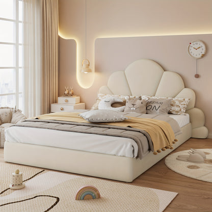 Tweepersoonsbed – Bed – Slaapbed – Logeerbed – Bedframe – Beige Bamboe Frame – Bloemblad Hoofdbord – Compact 140x200 cm – Eenvoudige Montage