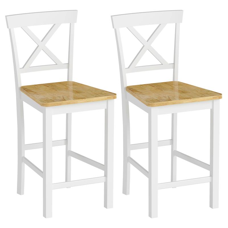 Barstoel – Barkruk – Barstoel Kruk – Barkrukken Set – Barstoel Met Rugleuning – Ergonomisch Crossback Ontwerp – Massief Rubberhout Wit/Naturel