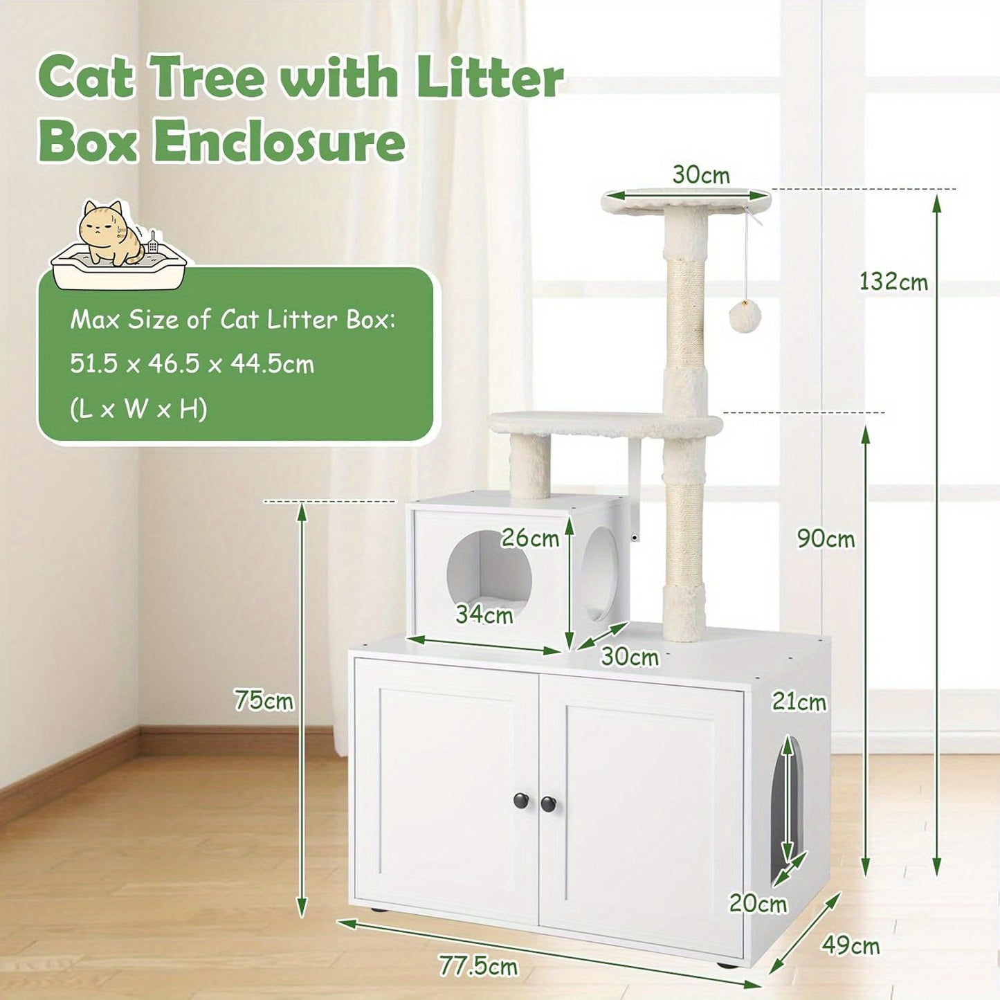 Krabpaal – Krabboom – Kattenboom – Kattenhuis – Kattenmeubel – Incl. Speelbal – 132 cm Hoog – Wit Houten Design