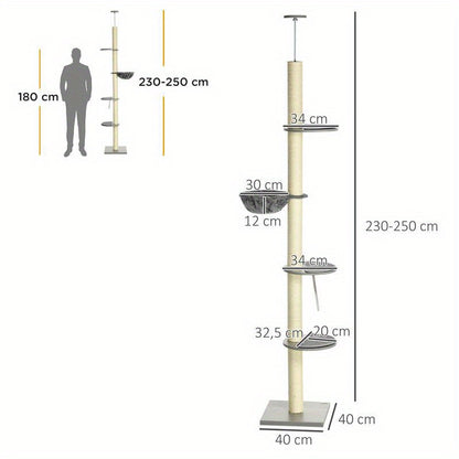 Extra Tall Modern Cat Tree Tower with Ceiling-Mounted Hammock & Scratching Post - Multi-Level Cat Furniture with Sturdy Base, Space-Saving Vertical Design for Large Cats, Easy Assembly, Grey & Cream White - Ideal for Apartmen