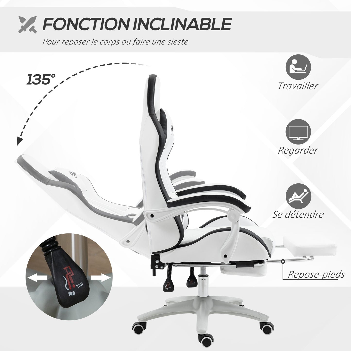 Gamingstoel – Bureaustoel – Gamechair – Zwart-Witte Stoel – Verstelbare Rugleuning 135° – Uitschuifbare Voetensteun & Hoofdkussen