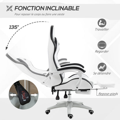 Gamingstoel – Bureaustoel – Gamechair – Zwart-Witte Stoel – Verstelbare Rugleuning 135° – Uitschuifbare Voetensteun & Hoofdkussen