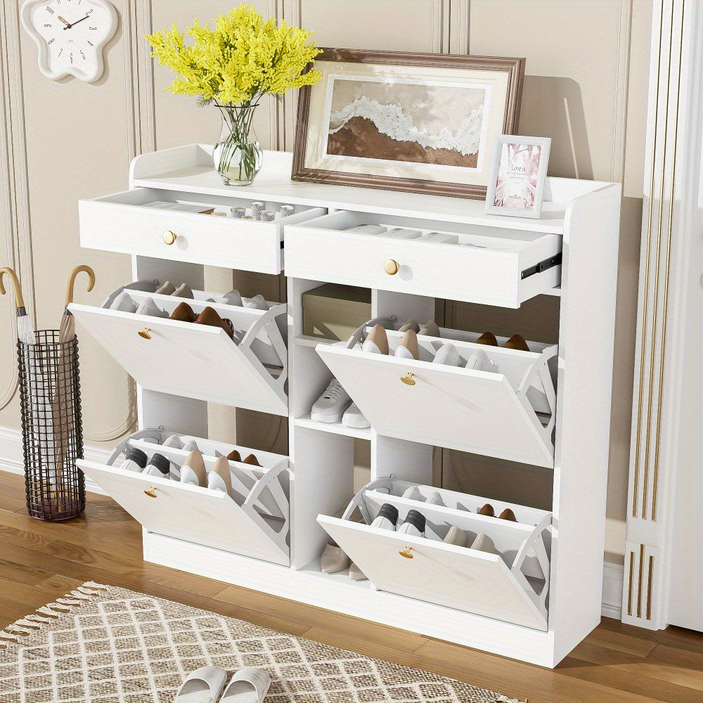 Schoenkast met 4 Openslaande Deuren & 2 Laden – 110 × 26 × 100 cm – Modern Opbergmeubel voor Hal, Woonkamer of Gang
