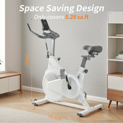 White Stationary Exercise Bike Shock-Absorbing Design PP Pedals + Phone Holder + Standard Seat Heart Rate Monitoring Multi-Function Display Max Load 150kg