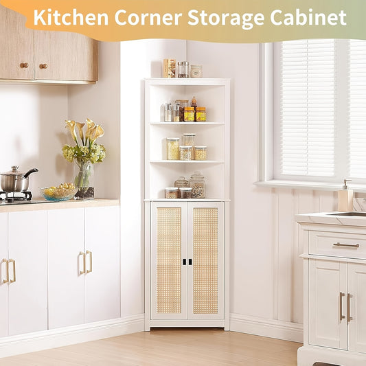 Rattan Farmhouse Corner Cabinet with -Shape - Freestanding Wood Storage Organizer Suitable for Bathroom, Kitchen, Living Room, Entryway - 2 Doors & 3 Adjustable Shelves, Space-Saving Corner Unit, Corner Shelves