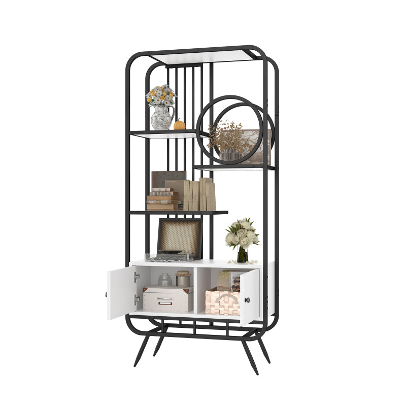 80 X 30 X 180 Cm Metal Shelving Unit, White Storage Cabinet with Double Doors, Three Shelves, Black Metal Frame, High Metal Feet, Round Decoration, White + Black