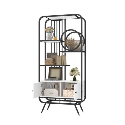 80 X 30 X 180 Cm Metal Shelving Unit, White Storage Cabinet with Double Doors, Three Shelves, Black Metal Frame, High Metal Feet, Round Decoration, White + Black