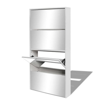 Schoenenkast – Schoenenrek – Schoenenopberger – Schoenenmeubel – Wit – 4 Vakken Met Spiegel – Massief Hout – Compact 63x17x134 cm