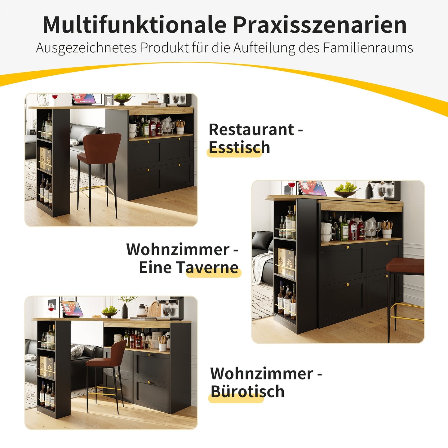Barstoel – Barkruk – Eetstoel – Barkrukje – Stoel – Zwarte Houten Barstoel – 360° Draaibaar Tafelblad – 4 Laden & Open Planken