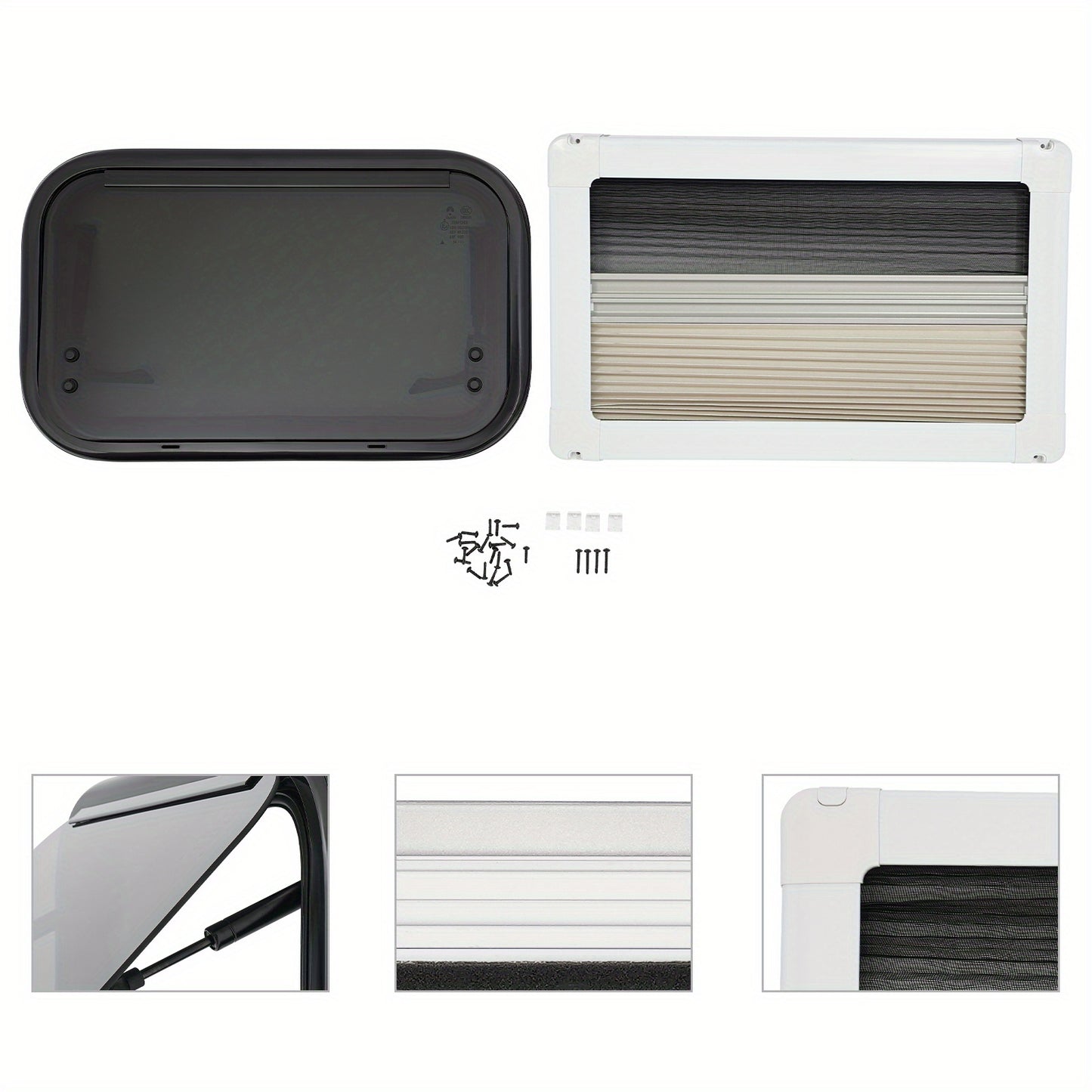 Uitzetraam Camper – Caravan Raam – Ventilatieraam – Insectenhorraam – Zonwerend Raam – 500x300mm – Aluminium – Tempered Glas – Plissé Hor – Zwart/Wit