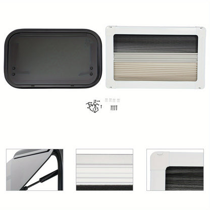 Uitzetraam Camper – Caravan Raam – Ventilatieraam – Insectenhorraam – Zonwerend Raam – 500x300mm – Aluminium – Tempered Glas – Plissé Hor – Zwart/Wit