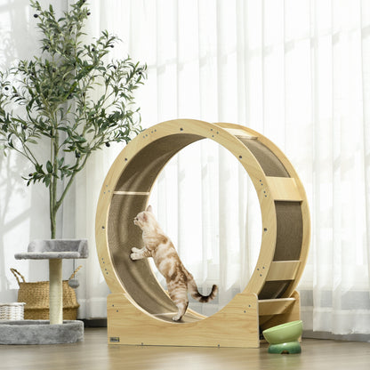 Kattenrenwiel – Kattenloopwiel – Kattenrad – Kattenfitness – Kattenwiel – Eiken Houtafwerking – Veiligheidsrem en Vervangbare Krabmat – 91 cm Hoog
