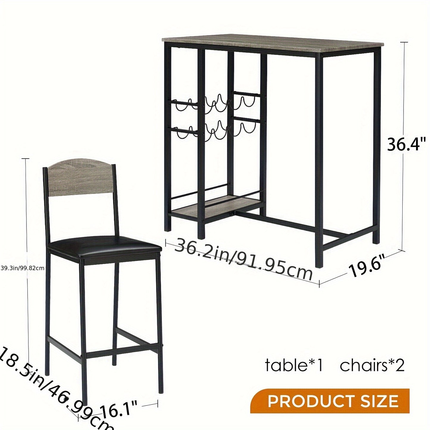 Bar Table Set – Bartafel – Bistroset – Koffietafel – Drinktafel – Industrieel Design – Inclusief 2 Barkrukken – 2-Tier Wijnrek Met Glashouder – Grijs