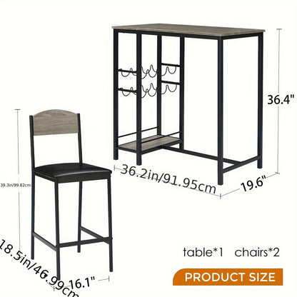 Bartafel Set – Barset – Hoge Eettafel – Bistro Set – Keukentafel Set – Industrieel Design – Inclusief 2 Barkrukken, Wijnrek En Glazenhouder – Compact Voor 2 Personen – Bruin
