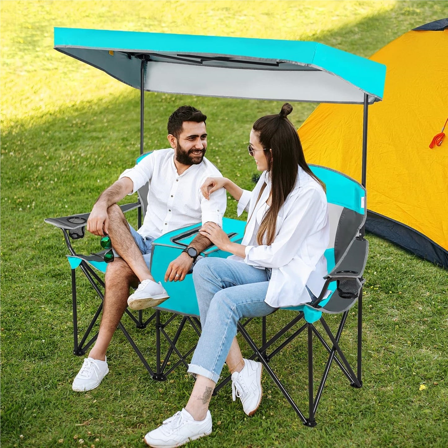 Campingstoel – Vouwstoel – Kampeerstoel – Visstoel – Outdoorstoel – Met Verstelbare Zonwering – Inclusief Koelbox & Tafel – Navy